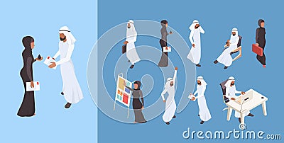 Arab isometric. Dubai man saudi woman business people arabian entrepreneur characters vector illustrations Vector Illustration