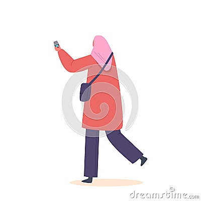 Arab Journalist or Reporter Female Character with Dictaphone Rear View. Muslim Woman Interview, News, Press Conference Vector Illustration