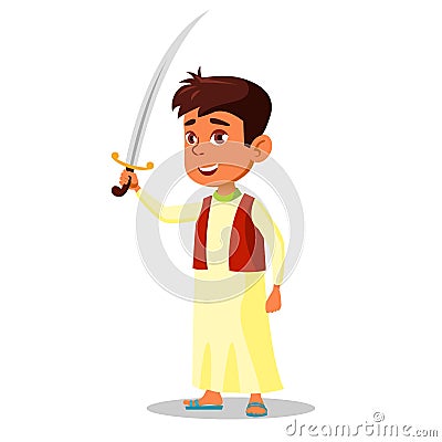 Arab Little Boy In National Clothes Holding Saber In Hand Vector Flat Cartoon Illustration Vector Illustration