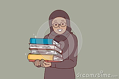 Arab little girl in hijab holds religious books with prayers in hands and looks at screen with smile Vector Illustration