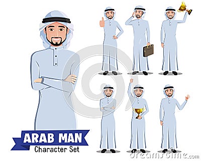 Arab man boss vector character set. Arabian male manager character in confident pose and gesture isolated in white background. Vector Illustration