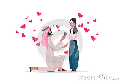 Arab man kneeling holding engagement ring proposing arabic woman marry him happy valentines day concept couple in love Vector Illustration