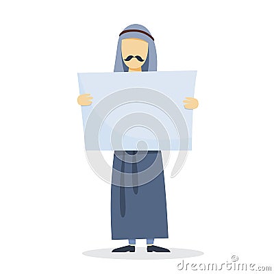 Arab man in national clothes holding banner Vector Illustration