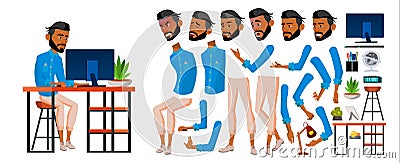 Arab Man Office Worker Vector. Business Animation Creation Set. Face Emotions, Gestures. Adult Entrepreneur Business Man Vector Illustration