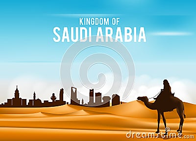 Arab Man Riding in Camel in Wide Desert Sands Vector Illustration