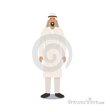 Arab Man in Traditional Clothes. Muslim Culture and Arabian Fashion Concept. Saudi Male Character Wear Thawb or Kandura Vector Illustration