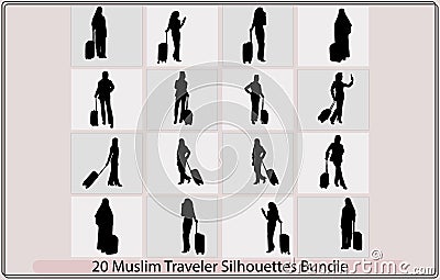 Arab man in travel silhouette bundle,The Muslim traveller family travel in Ramadan, Vector Illustration