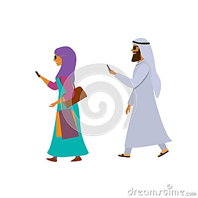 Arab man and woman walking with smartphones texting cartoon vector Vector Illustration