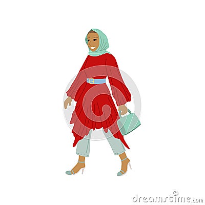 Arab modern woman, headdress on her head, portrait or avatar of a girl in full growth. Vector cartoon illustration Vector Illustration