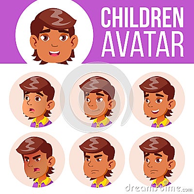 Arab, Muslim Avatar Set Kid Vector. Primary School. Face Emotions. User, Character. Kids, Positive. Comic, Web. Cartoon Vector Illustration