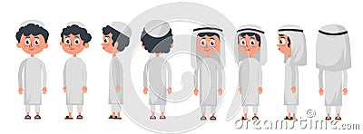 Arab muslim boy character isolated on white background. Muslim boy wearing traditional clothing front, rear, side view. Vector Vector Illustration