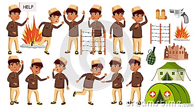 Arab, Muslim Boy Kid Poses Set Vector. Refugee, Military Conflict, War. Children. For Advertisement, Announcement Design Vector Illustration