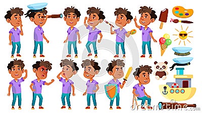 Arab, Muslim Boy Kindergarten Kid Poses Set Vector. Baby Expression. Preschooler. For Card, Advertisement, Greeting Vector Illustration