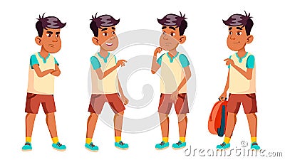 Arab, Muslim Boy Schoolboy Kid Poses Set Vector. High School Child. Clever, Studying. For Postcard, Announcement, Cover Vector Illustration