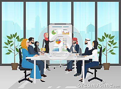 Arab muslim business people group presentation in office. Arabic Businesspeople team training conference. Meeting Vector Illustration
