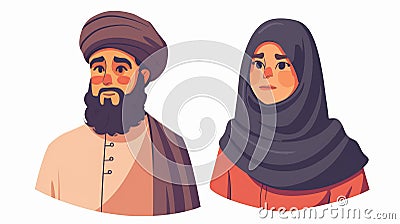 An Arab Muslim couple wearing turbans and hijabs. Arabic people wearing headscarves. An Arab Muslim family, male and Cartoon Illustration