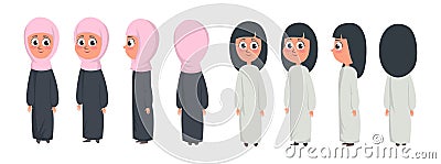 Arab muslim cute girl character isolated on white background wearing traditional clothing front, rear, side view. Vector girl in Vector Illustration