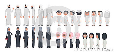 Arab muslim family characters isolated on white background. Muslim husband, wife and children wearing arabic clothing front, rear Vector Illustration