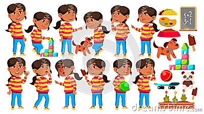 Arab, Muslim Girl Kindergarten Kid Poses Set Vector. Preschooler Playing. Friendship. For Web, Poster, Booklet Design Vector Illustration