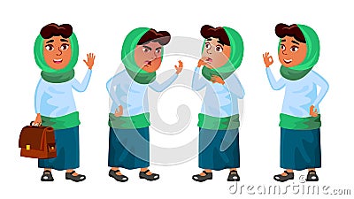 Arab, Muslim Girl Set Vector. Primary School Child. Education. Educational, Auditorium, Lecture. For Card, Advertisement Vector Illustration