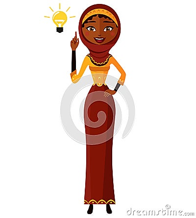 Arab muslim kuwait persian Business woman happy with his bright idea business concept illustration. Vector Illustration