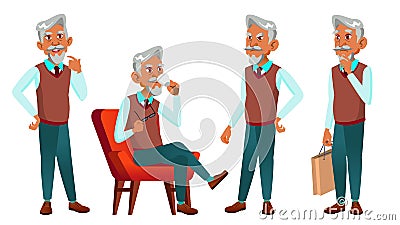 Arab, Muslim Old Man Poses Set Vector. Elderly People. Senior Person. Aged. Caucasian Retiree. Smile. Advertisement Vector Illustration