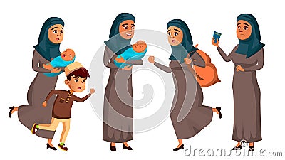 Arab, Muslim Teen Girl Poses Set Vector. Refugee, War, Bomb, Explosion, Panic. Isolated Cartoon Illustration Vector Illustration