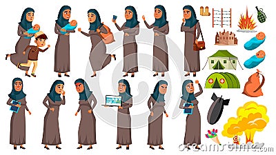 Arab, Muslim Teen Girl Poses Set Vector. Refugee, War, Bomb, Explosion, Panic. For Web Design. Isolated Cartoon Vector Illustration