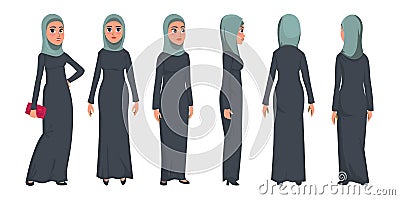 Arab muslim woman character isolated on white background. Muslim woman wearing traditional clothing front, rear, side view. Vector Vector Illustration