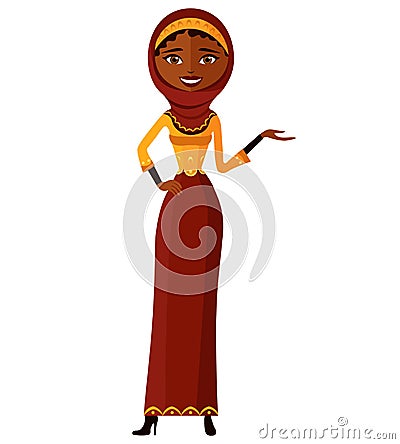 Arab muslim woman presenting something cartoon vector illustration. Isolated on a white background. Vector Illustration