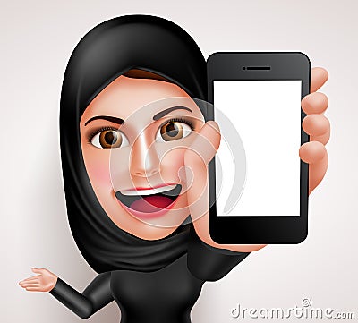 Arab muslim woman vector character holding mobile phone with blank screen Vector Illustration