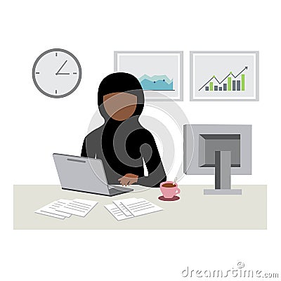 Arab muslim woman working in laptop in office Vector Illustration