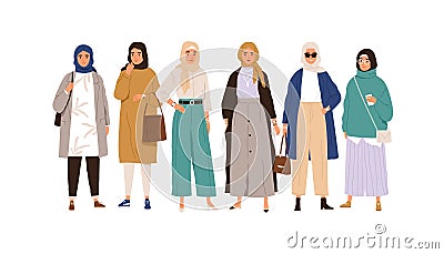 Arab Muslim women in modern apparel and headwear. Group portrait of Arabian females in casual fashion clothing and Vector Illustration