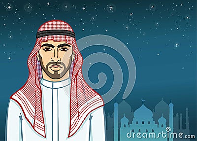 Arab night. Animation portrait of the handsome Arab man in traditional clothes. Vector Illustration