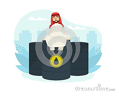 Arab Office Worker Character Wearing Traditional Muslim Clothing Sitting on Top of Oil Barrel Flat Vector Illustration Vector Illustration