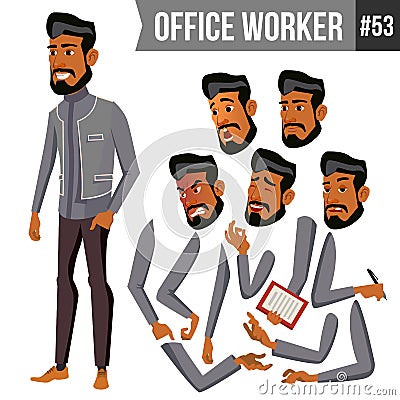 Old Arab Office Worker Vector. Traditional Clothes. Islamic. Face Emotions, Various Gestures. Animation Creation Set Vector Illustration