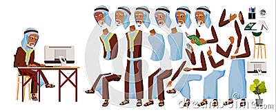 Arab Old Man Office Worker Vector. Arab, Muslim. Business Animation Set. Facial Emotions, Gestures. Businessman Person Vector Illustration