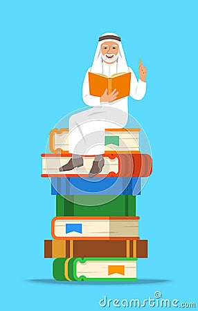 Arab old man teacher sitting on stack of books Vector Illustration