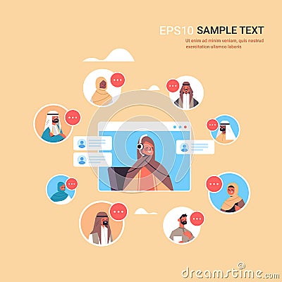 Arab operator with headset chatting with clients call center agent in web browser window customer support Vector Illustration