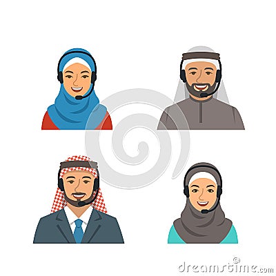 Arab people call center agents flat avatars Vector Illustration