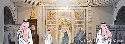 Arab People Coming To Mosque Building Muslim Religion Ramadan Kareem Holy Month Vector Illustration