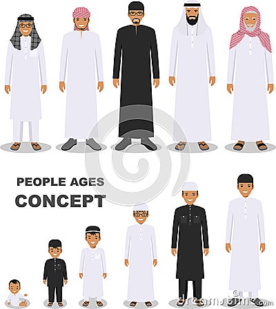 Arab people generations at different ages isolated on white background in flat style. Arab man aging: baby, child Vector Illustration