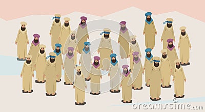 Arab People Group Traditional Clothes Desert Crowd Vector Illustration