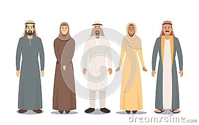 Arab People Male and Female Characters. Saudi Men Wear Thawb or Kandura, Women in Hijab or Abaya Traditional Clothes Vector Illustration