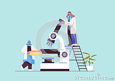 arab research scientist team working with microscope researchers making chemical experiment in laboratory Vector Illustration