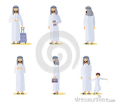 Arab residents in traditional clothes, in various poses Vector Illustration