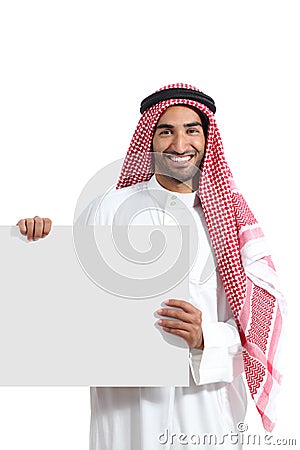 Arab saudi promoter man holding a blank horizontal sign Stock Photo