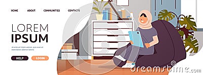 arab schoolgirl using tablet pc arabic girl sitting on beanbag and doing homework education concept Vector Illustration