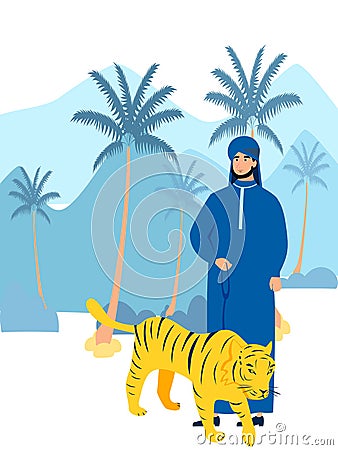 Arab sheikh with pet tiger. In minimalist style Cartoon flat Vector Vector Illustration