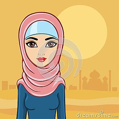 Arab woman against the palace in the desert. Vector Illustration